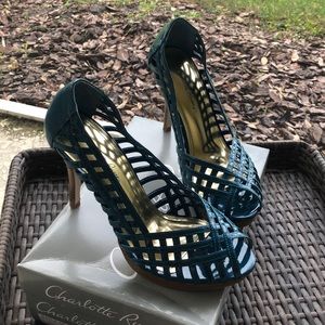 Charlotte Russe Teal & Gold Peep Toe Heels